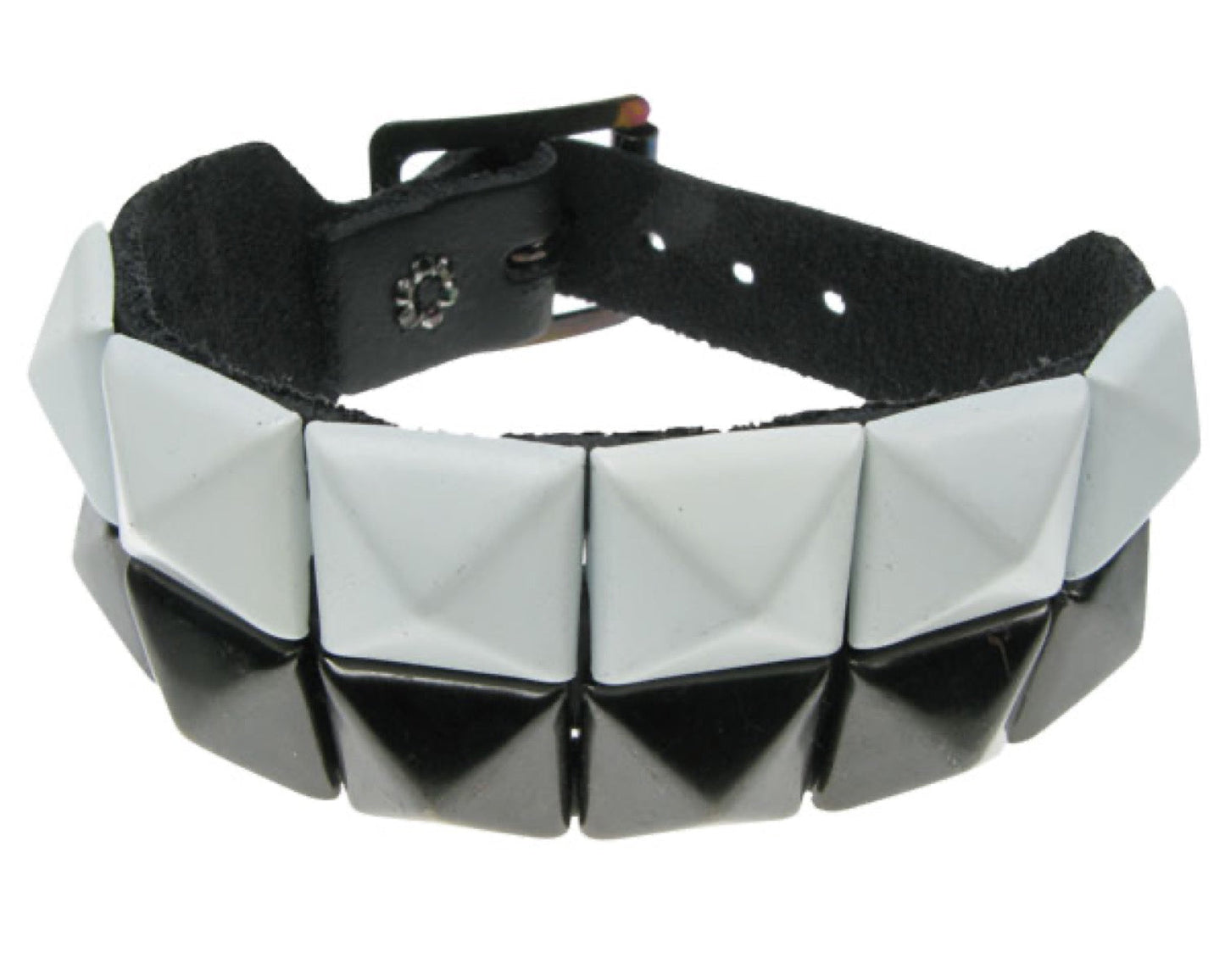 WB287 2 Row black & white pyramid Leather Wristband - Black