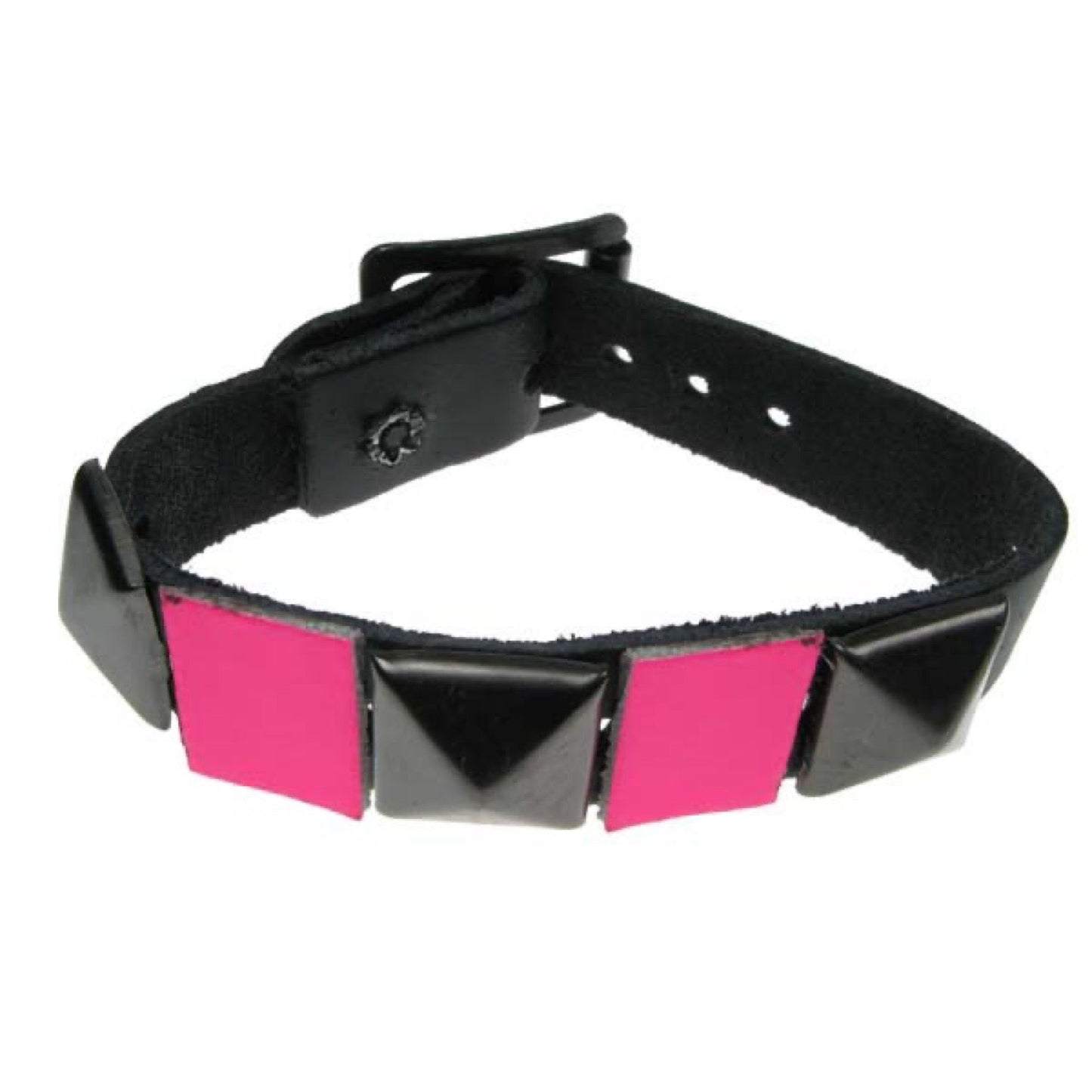 WB293 1 ROW MIXED BLACK PYRAMID AND LEATHER PIECES Leather Wristband - Black