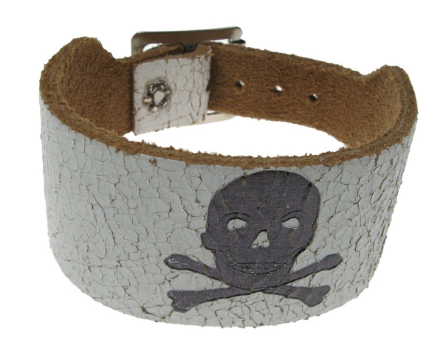 WB300 2 ROW WIDTH CRACKED WHITE WITH SINGLE SKULL/CROSSBONE PRINT Leather Wristband - Crack White