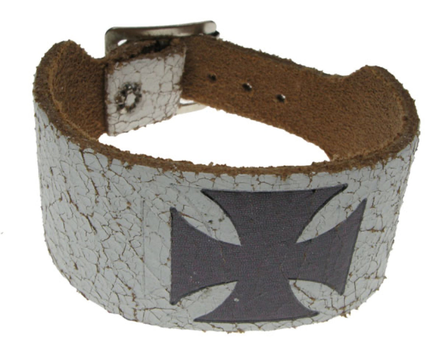 WB301 2 ROW WIDTH CRACKED WHITE WITH GERMAN CROSS Leather Wristband - Crack White