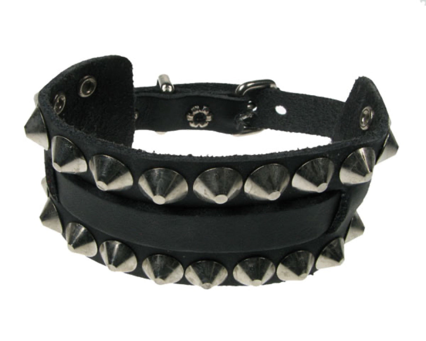 WB323 WATCH STRAP 2 ROW CONICAL Leather Wristband - Black
