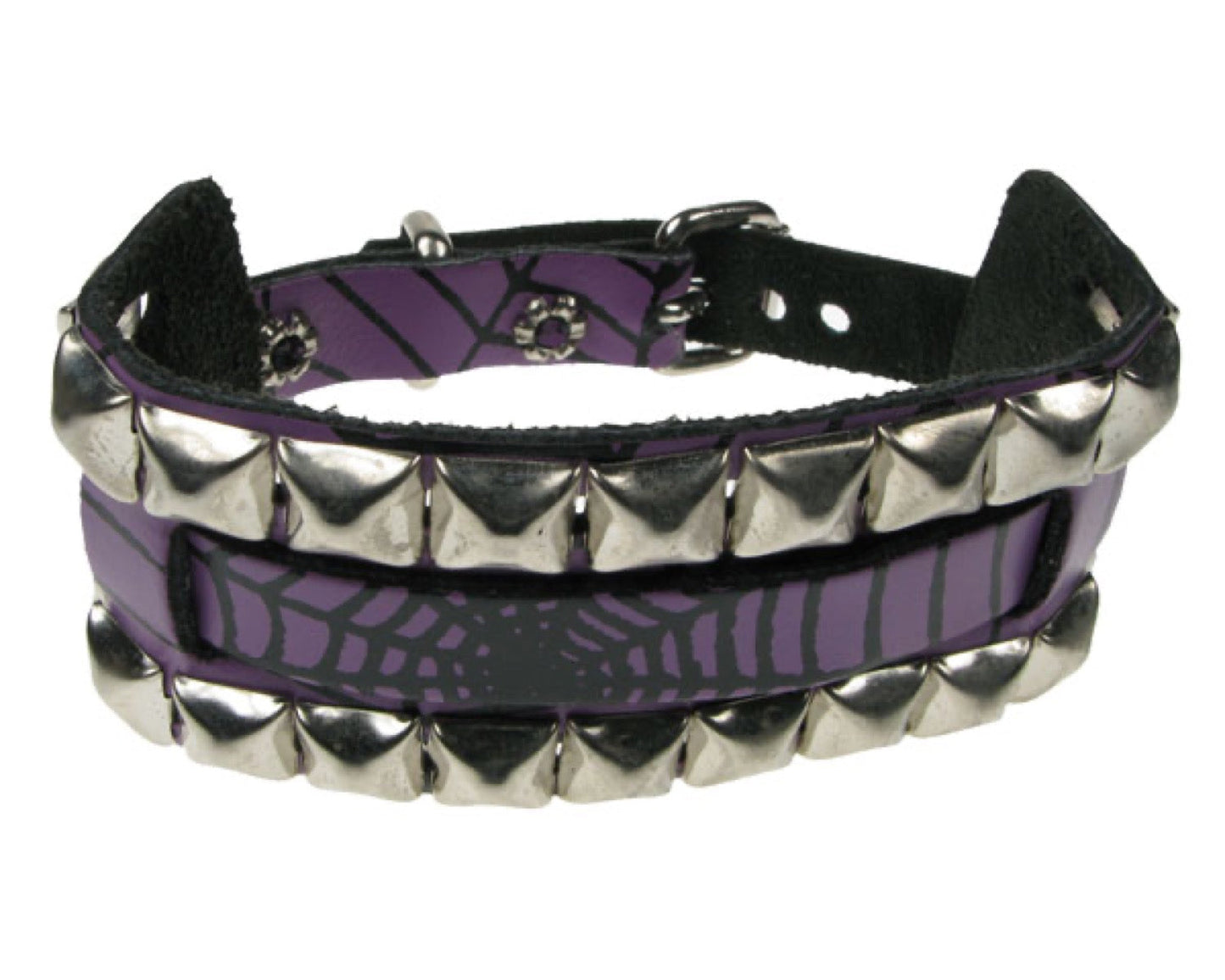 WB324 WATCH STRAP 2 Row 10mm Pyramid Leather Spider Print Wristband - Purple Leather Wristband