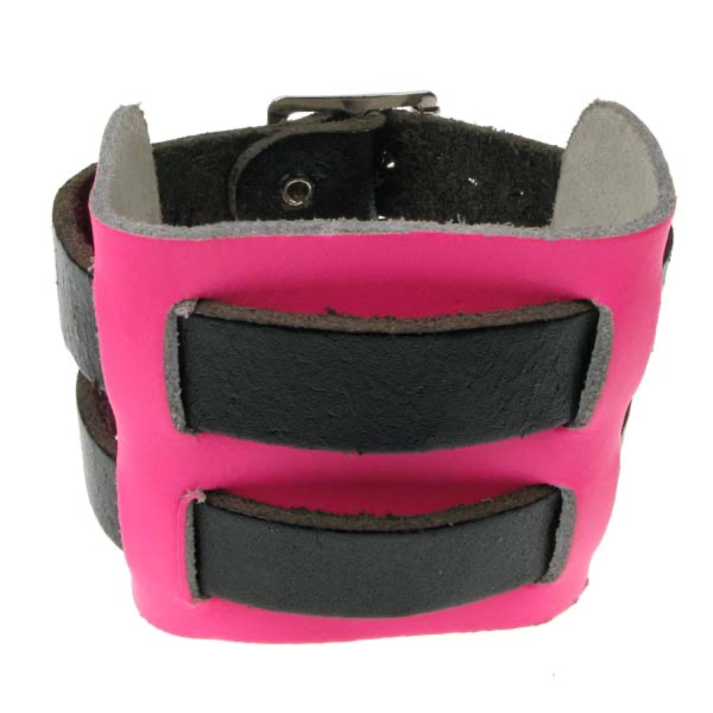WB336D 4 ROW WIDTH 2 INCH WB WEAVED INTO LEATHER PIECE Leather Wristband - F.Pink Black