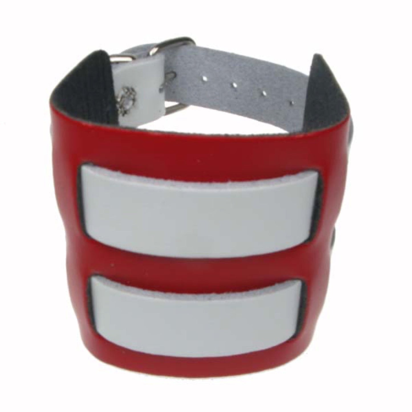 WB336E 4 ROW WIDTH 2 INCH WB WEAVED INTO LEATHER PIECE RED/WHITE Leather Wristband - Red White