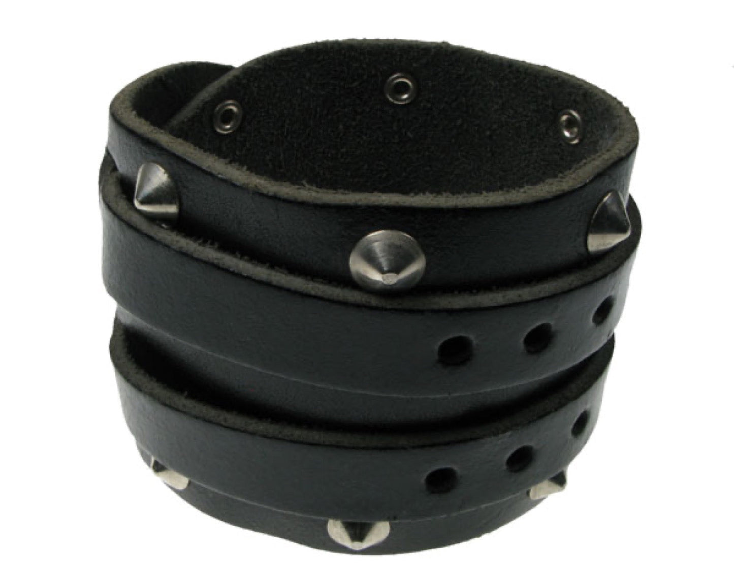 WB345 4 ROW WRAP 65MM ROUND WB W/ CONICAL Leather Wristband - Black