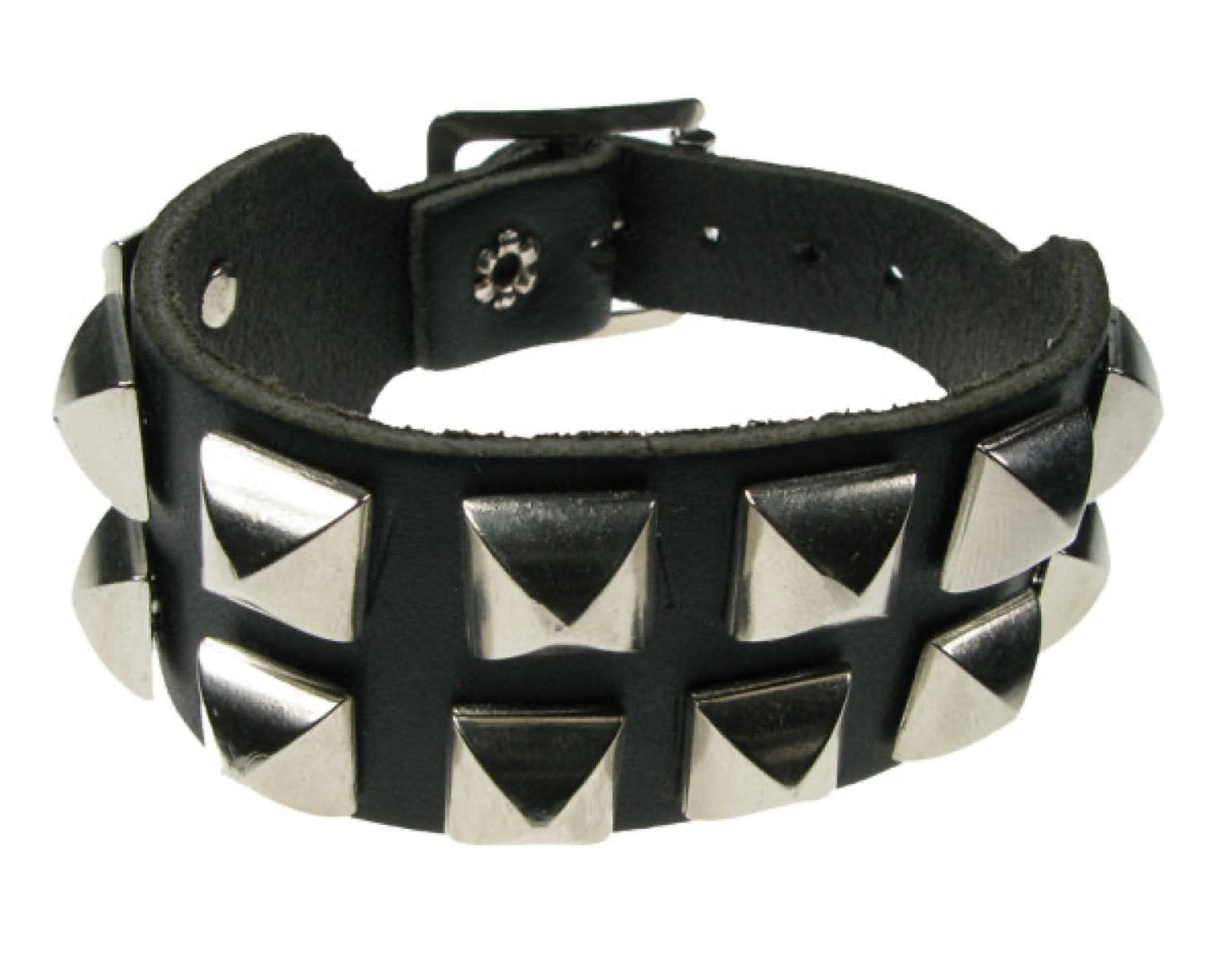 WB349 2 ROW SPACED CURVED PYRAMID Leather Wristband - Black