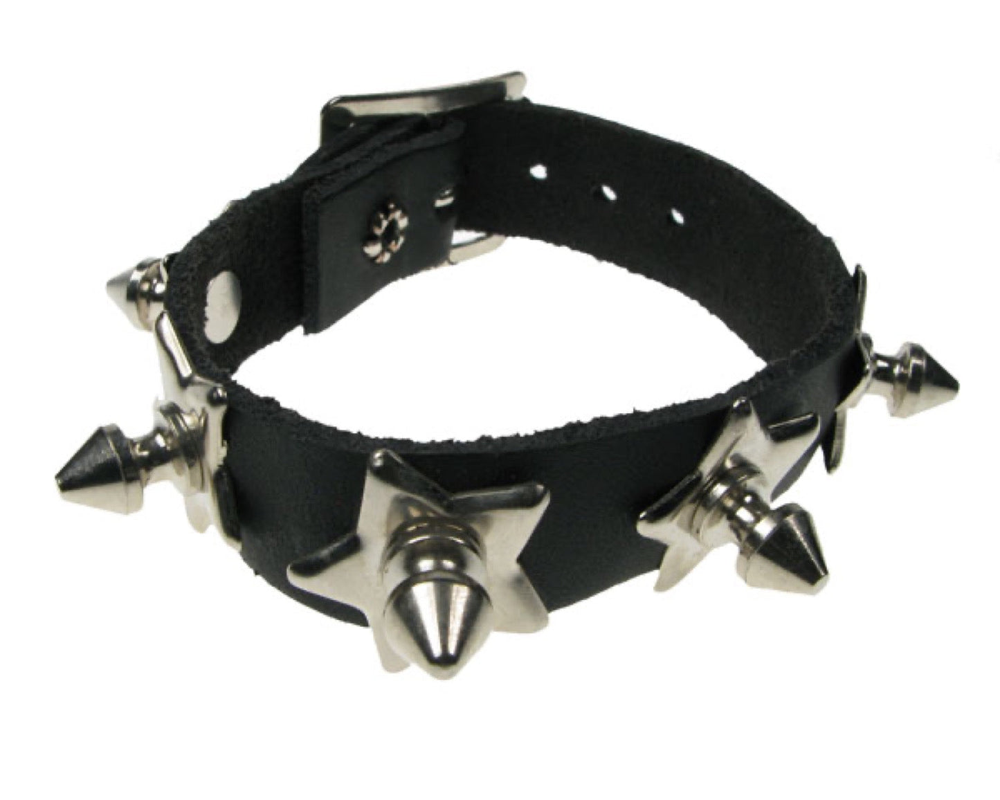 WB355 1 ROW STAR W/ SPIKE Leather Wristband - Black