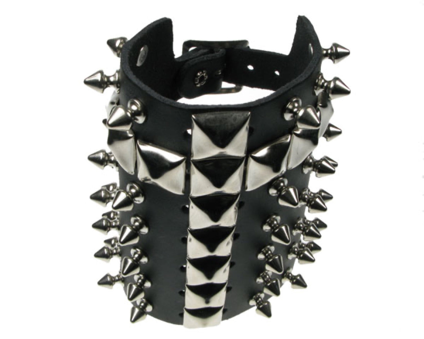 WB358 7 ROW WIDTH, SPIKE AND PYRAMID CHRISTIAN CROSS Leather Wristband - Black