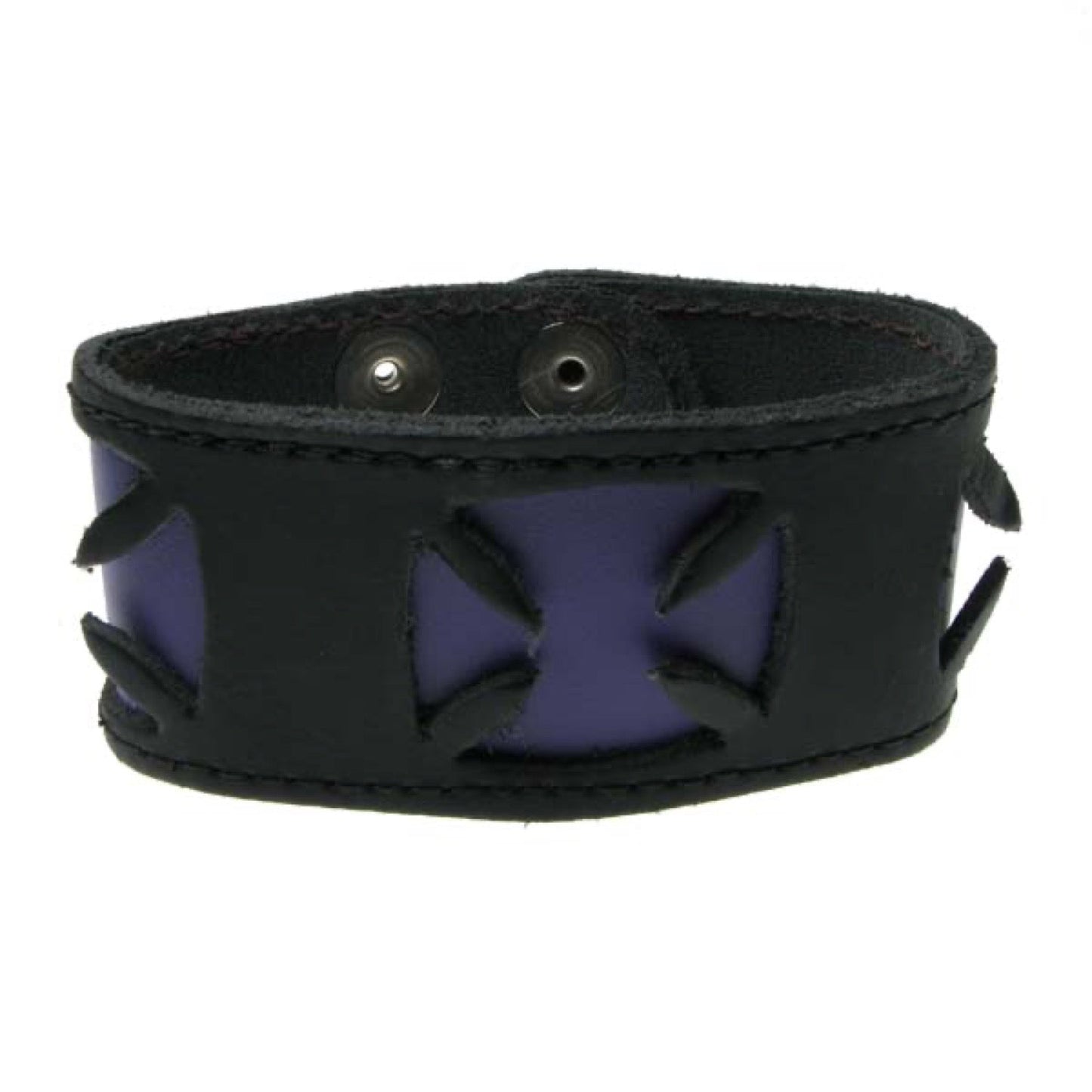 WB394B DOUBLE LAYER WB, 3 GERMAN CROSS BUTTONED Leather Wristband - Black Purple