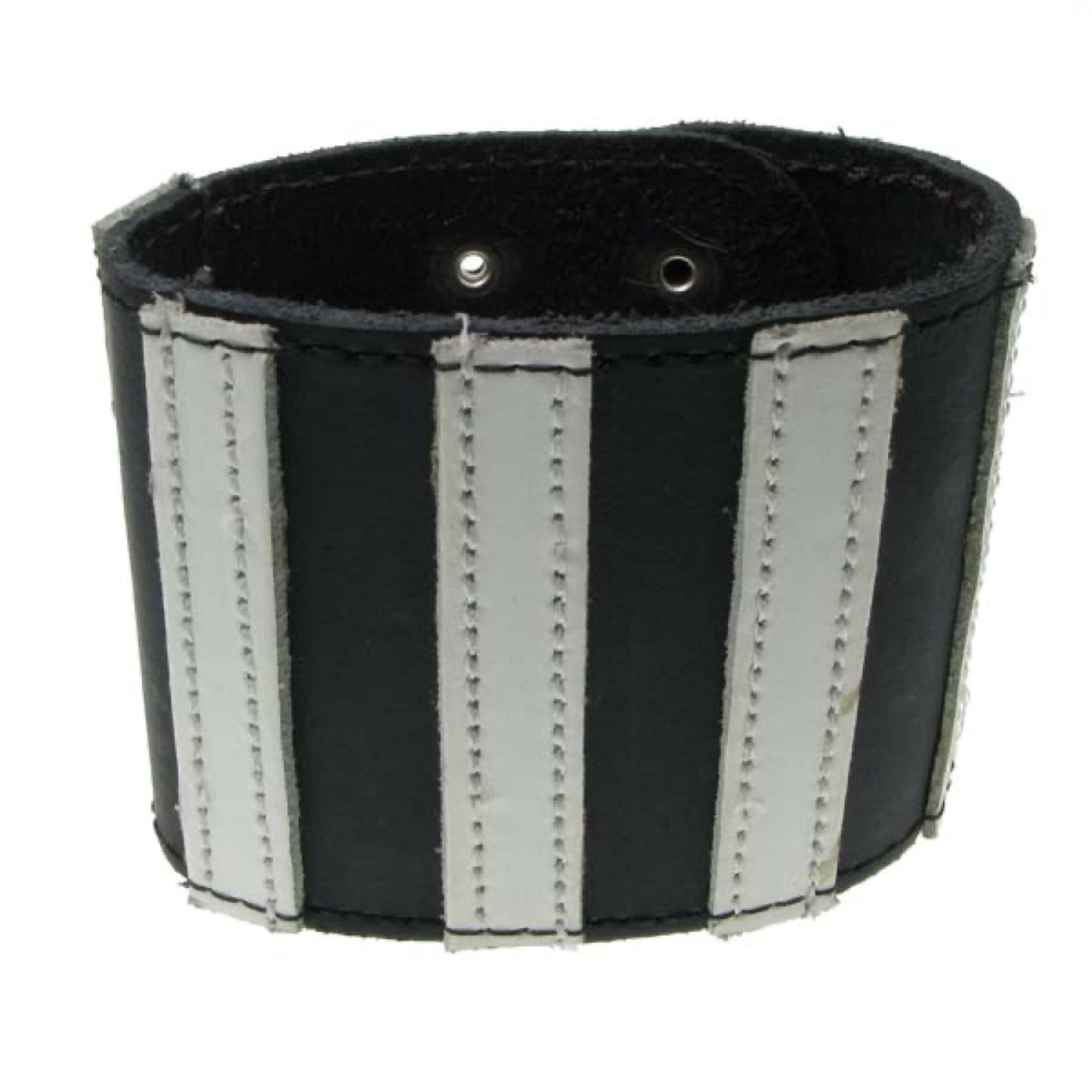 WB395b DOUBLE LAYER WB, WHITE STRIPS BUTTONED Leather Wristband - Black
