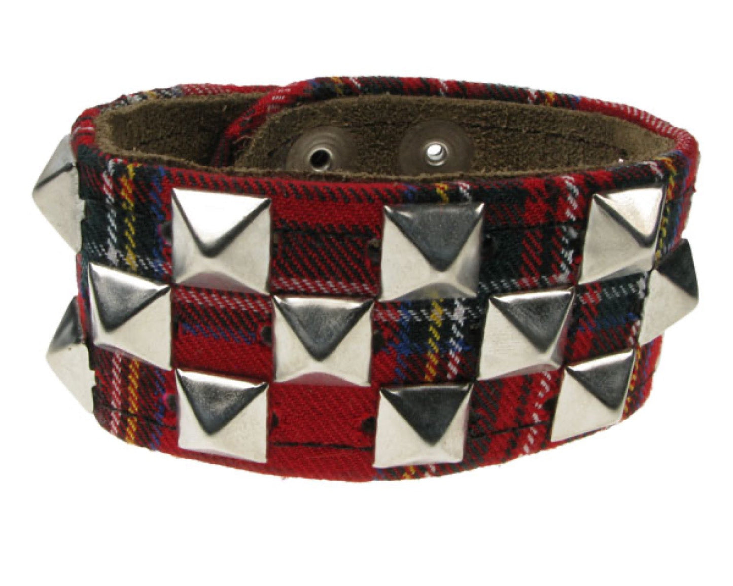 WB399 TARTAN WB, 3 ROW SMALL PYRAMID CHECKERED DESIGN BUTTONED Leather Wristband - Tartan