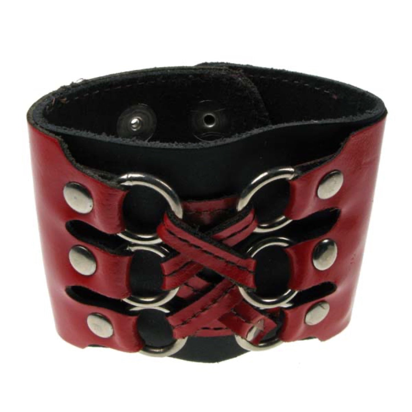 WB401B DOUBLE LAYER WB, 3 SMALL RING CRISS CROSS BUTTONED Leather Wristband - Black Red