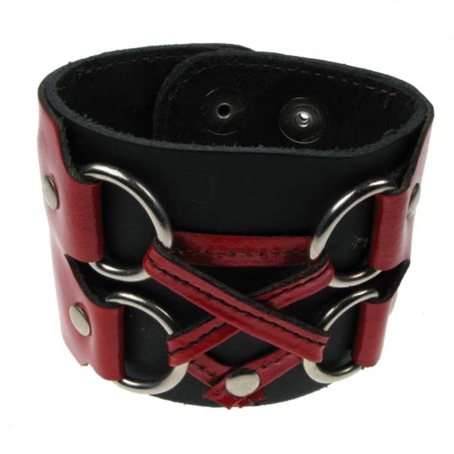 WB403B DOUBLE LAYER WB, 2 EYELET CRISS CROSS BUTTONED Leather Wristband - Black Red