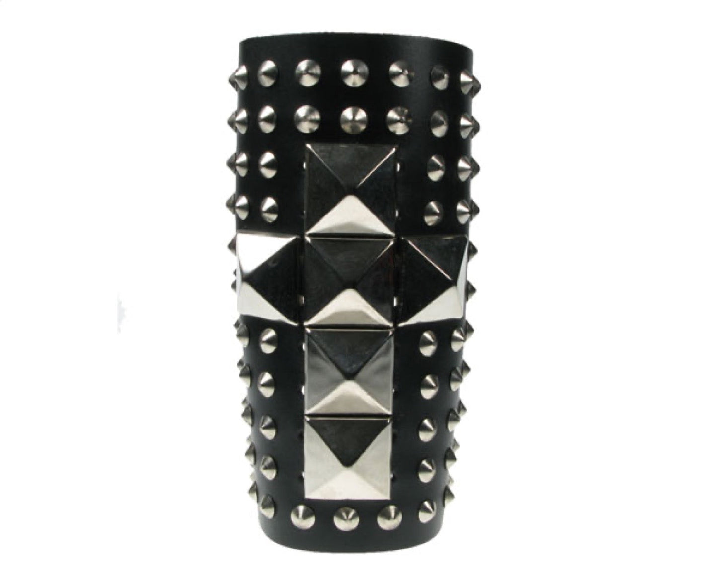 WB409 11 Row Conical with Large Silver Pyramid Leather Gauntlet Leather Wristband