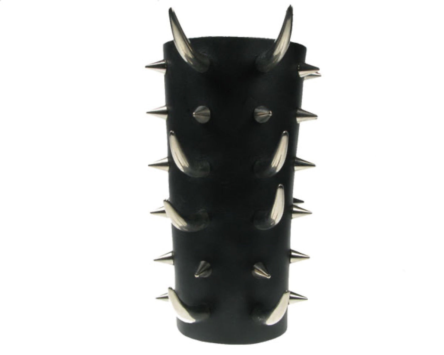 WB410 11 ROW WIDTH CONE SPIKES W ASSORTED SABER TOOTH LEATHER ARMBAND LEATHER GAUNTLET LEATHER WRISTBAND