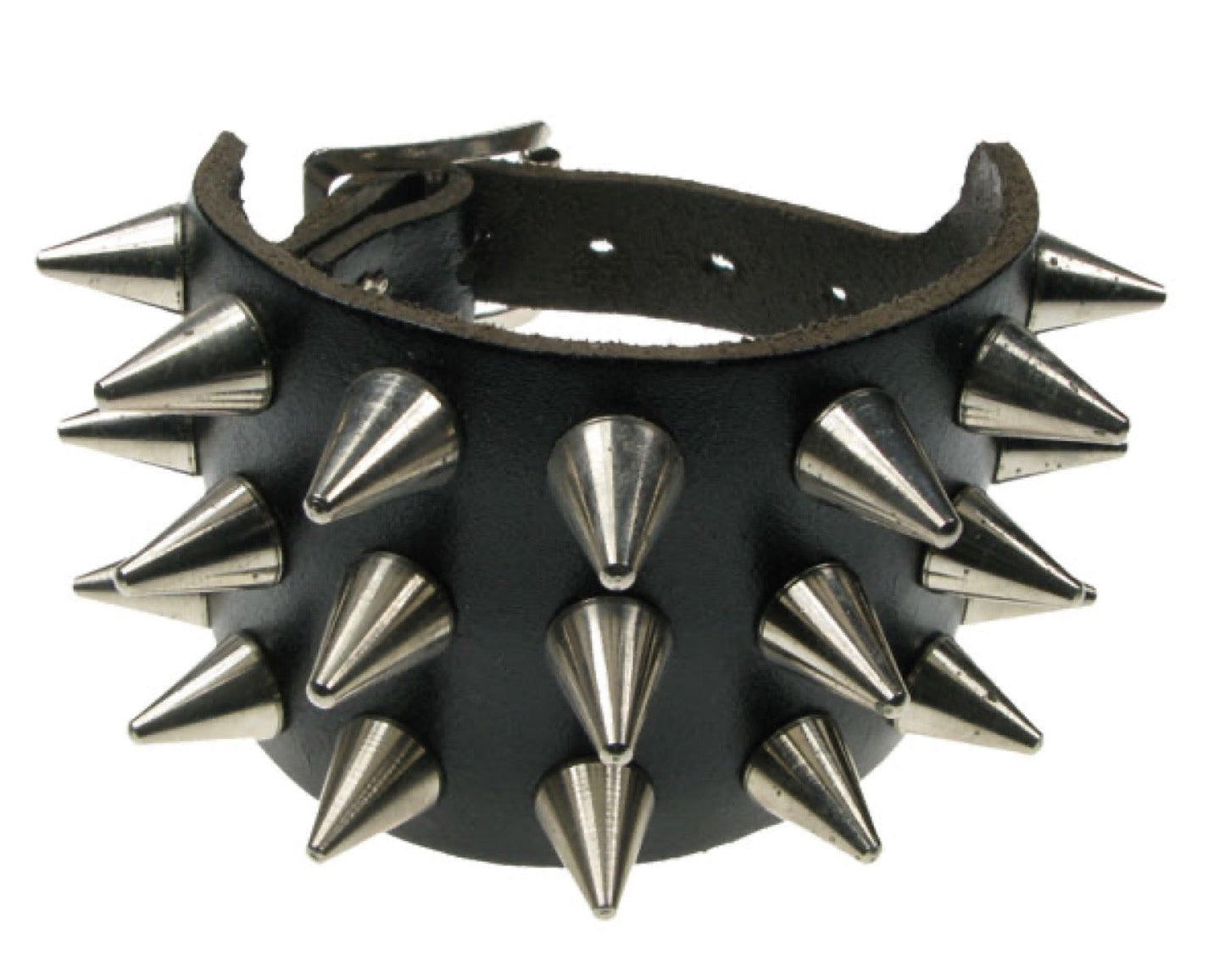 WB423 3 ROW CONE SPIKE Leather Wristband - Black