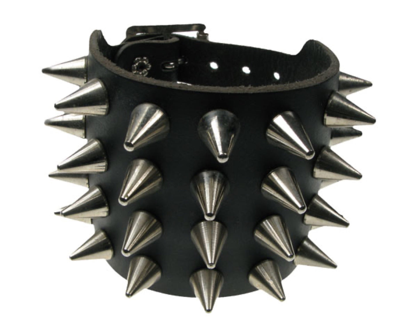 WB424 4 ROW CONE SPIKE Leather Wristband - Black