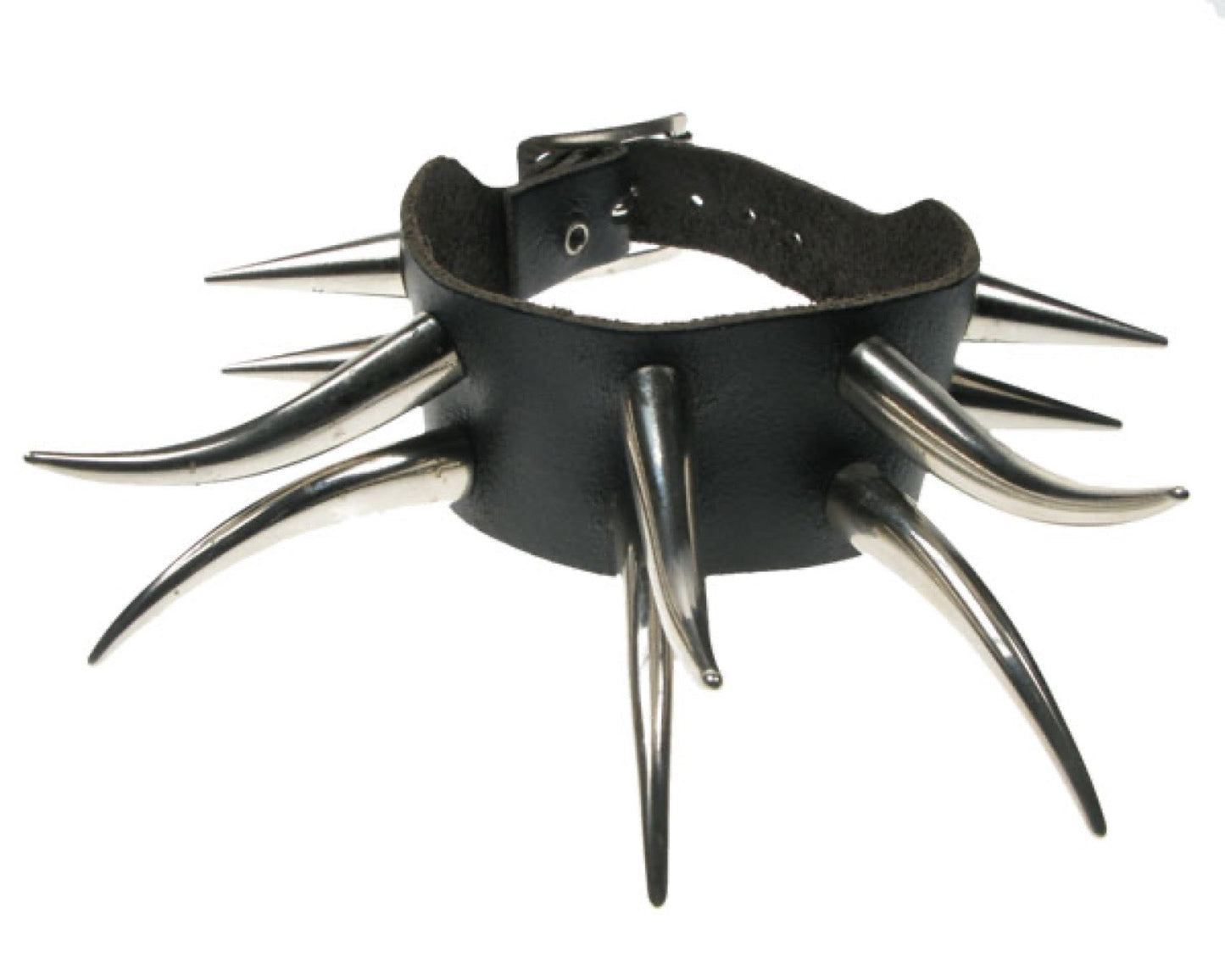 WB435 2 ROW MEDIUM CONE SPIKE AND LARGE TUSK Leather Wristband - Black