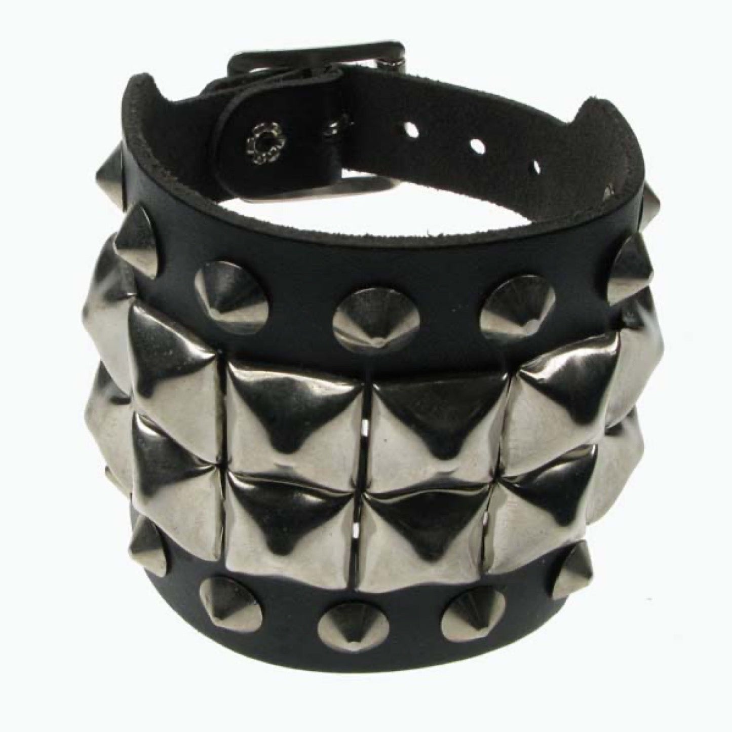 WB452 4 ROW WIDTH 2 ROW PYRAMID AND CONICALS Leather Wristband - Black