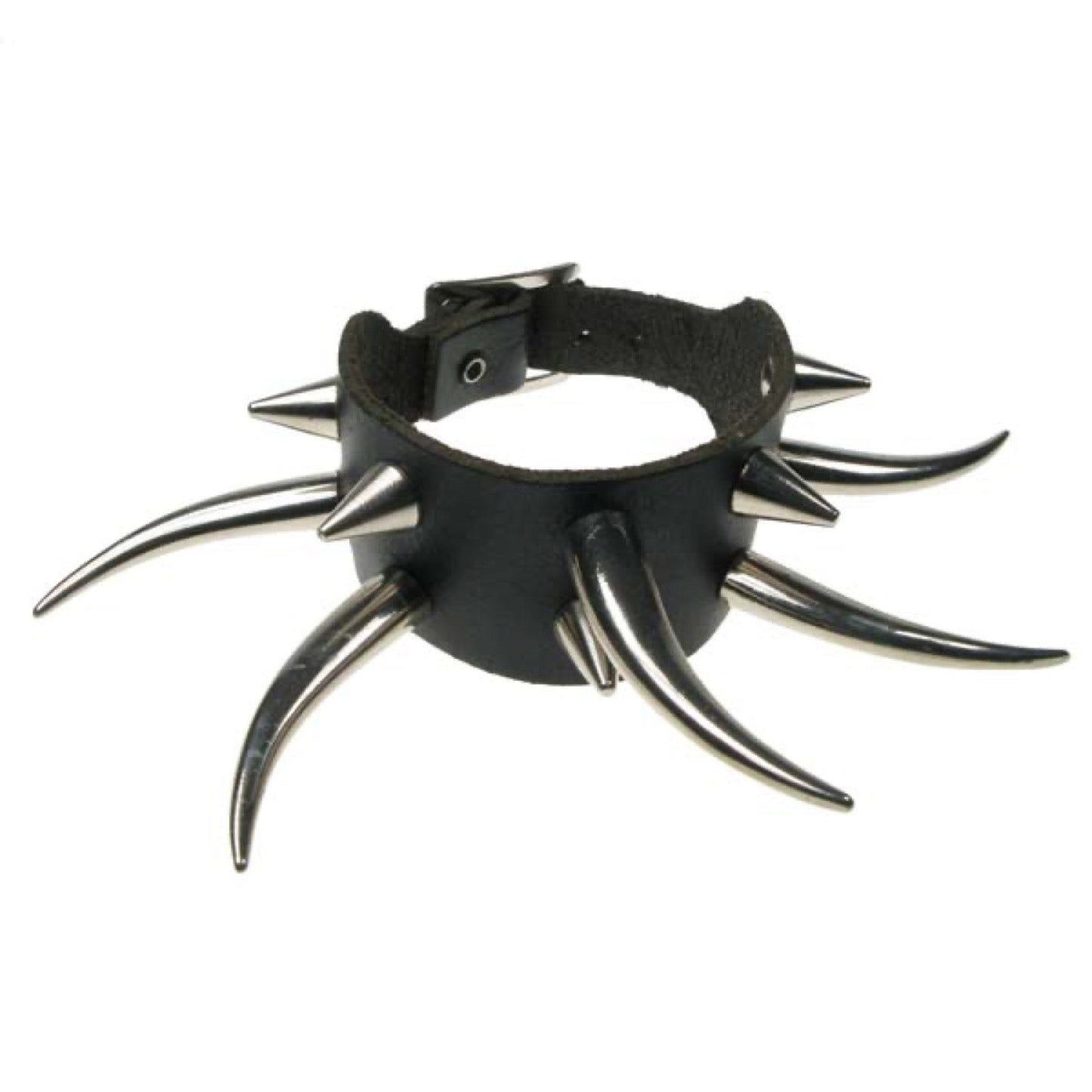WB453 2 ROW MIXED SMALL CONE AND LARGE TUSK Leather Wristband - Black