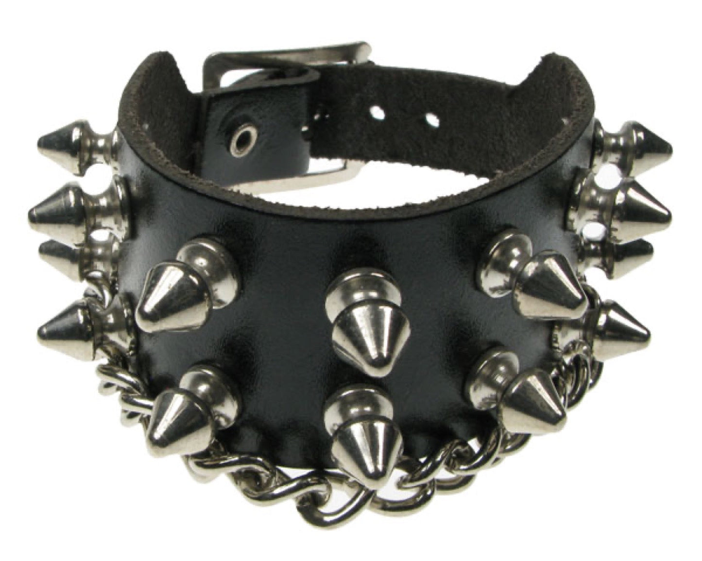 WB464 2 ROW SPIKE CHAIN Leather Wristband - Black
