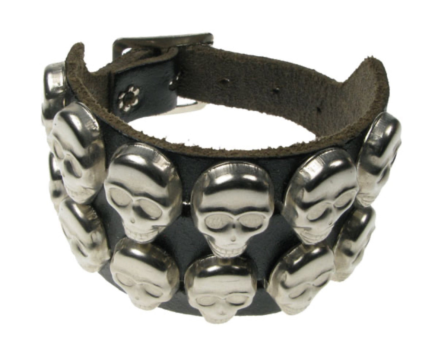 WB471 2 ROW SKULL Leather Wristband - Black
