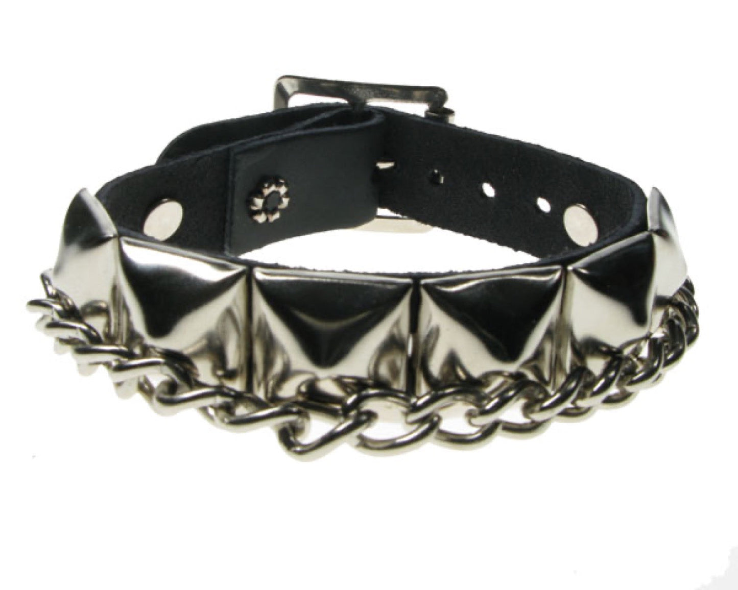 WB498 1 ROW PYRAMID and CHAIN Leather Wristband - Black