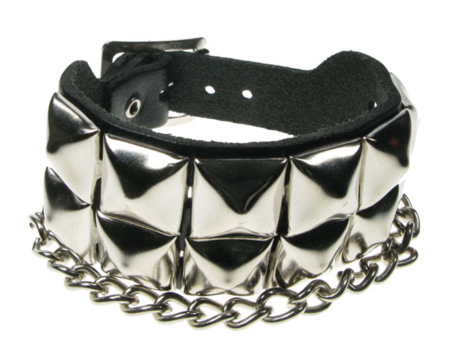 WB499 2 ROW PYRAMID and CHAIN Leather Wristband - Black