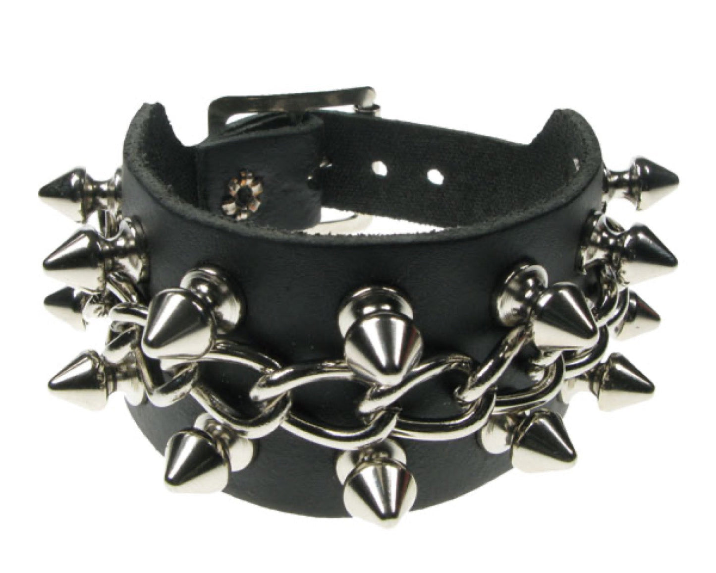 WB500 2 ROW SPIKE and CHAIN Leather Wristband - Black