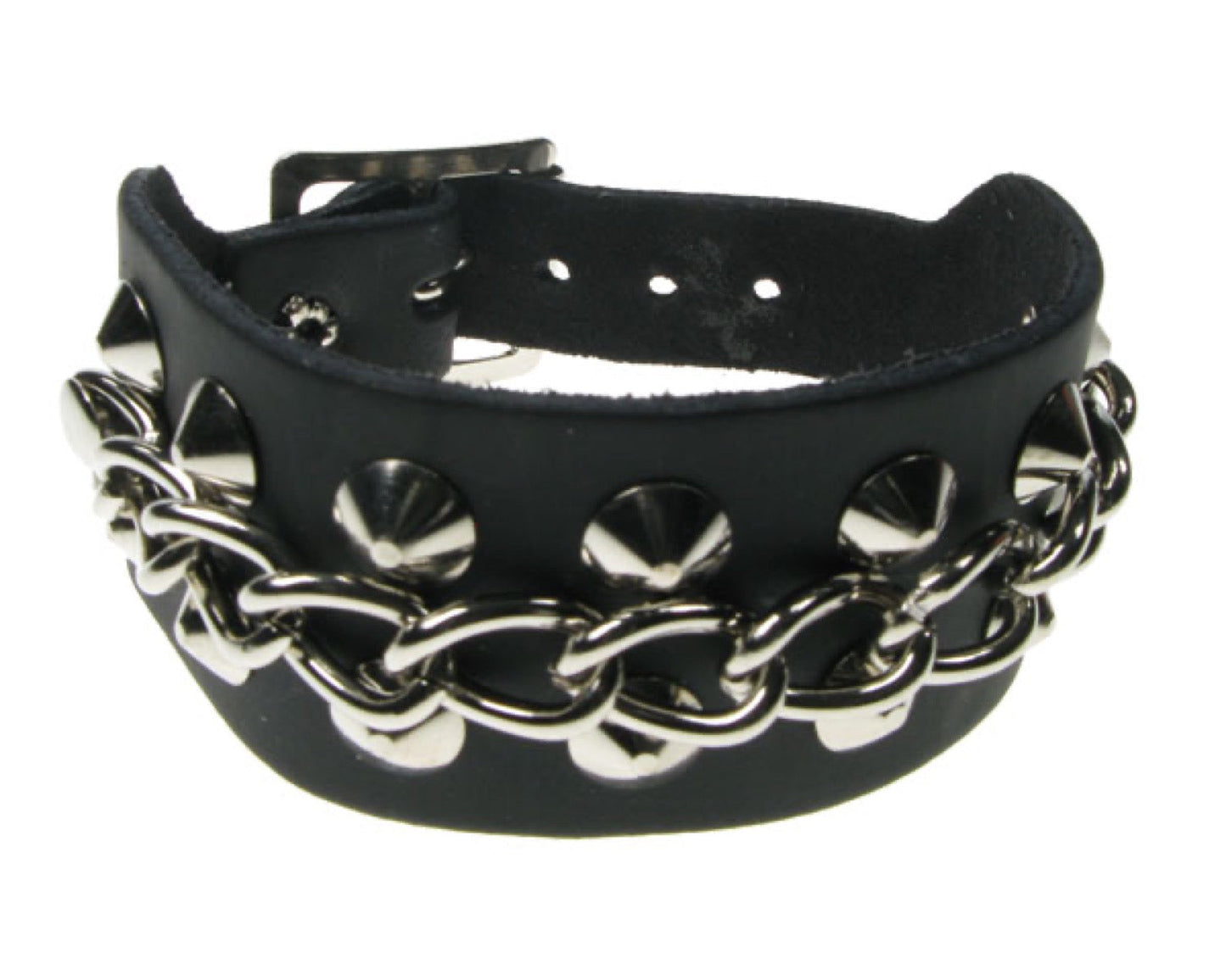 WB502 2 ROW CONICAL and CHAIN Leather Wristband - Black