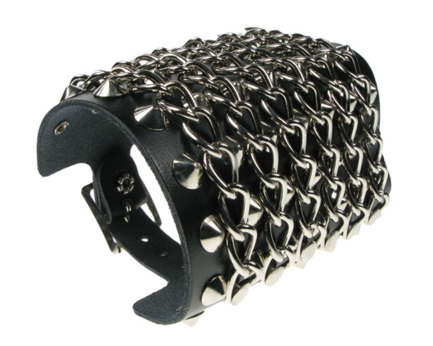 WB504 7 ROW CONICAL and CHAIN Leather Wristband - Black