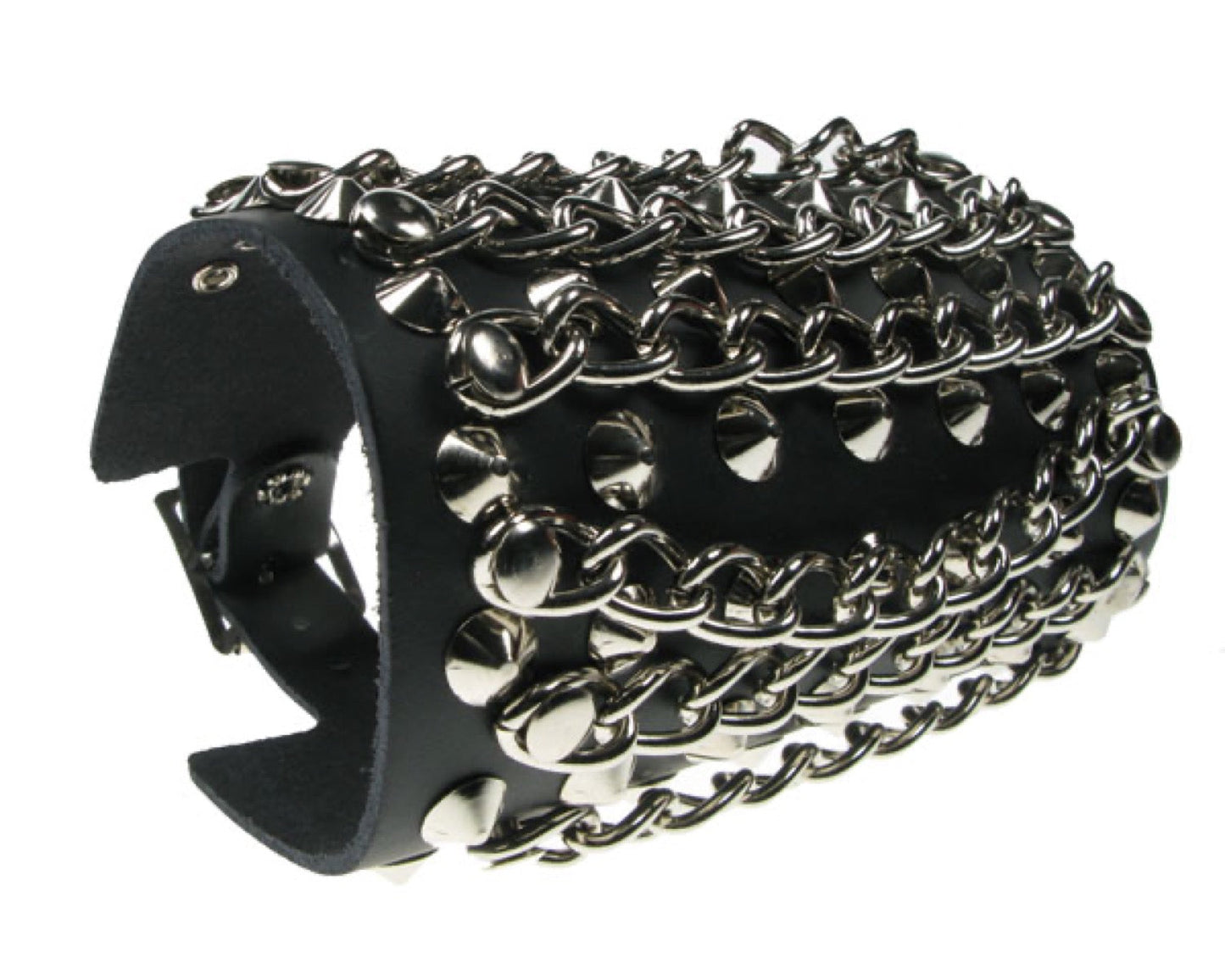 WB505 7 ROW CONICAL and CHAIN HORIZONTAL Leather Wristband - Black