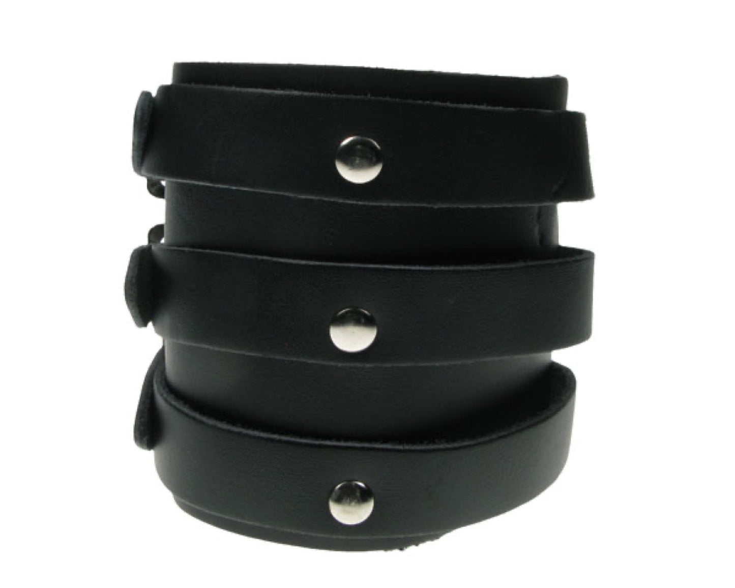 WB507 3 WRISTBANDS RIVETTED ONTO LEATHER PIECE Leather Wristband - BLACK