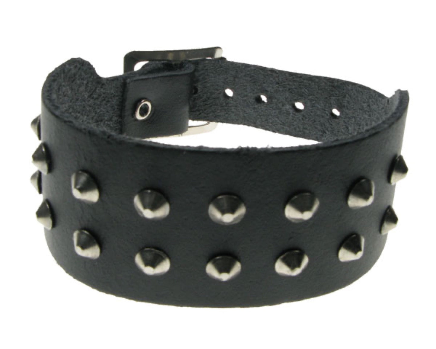 WB509 2 ROW SMALL CONICAL Leather Wristband - Black