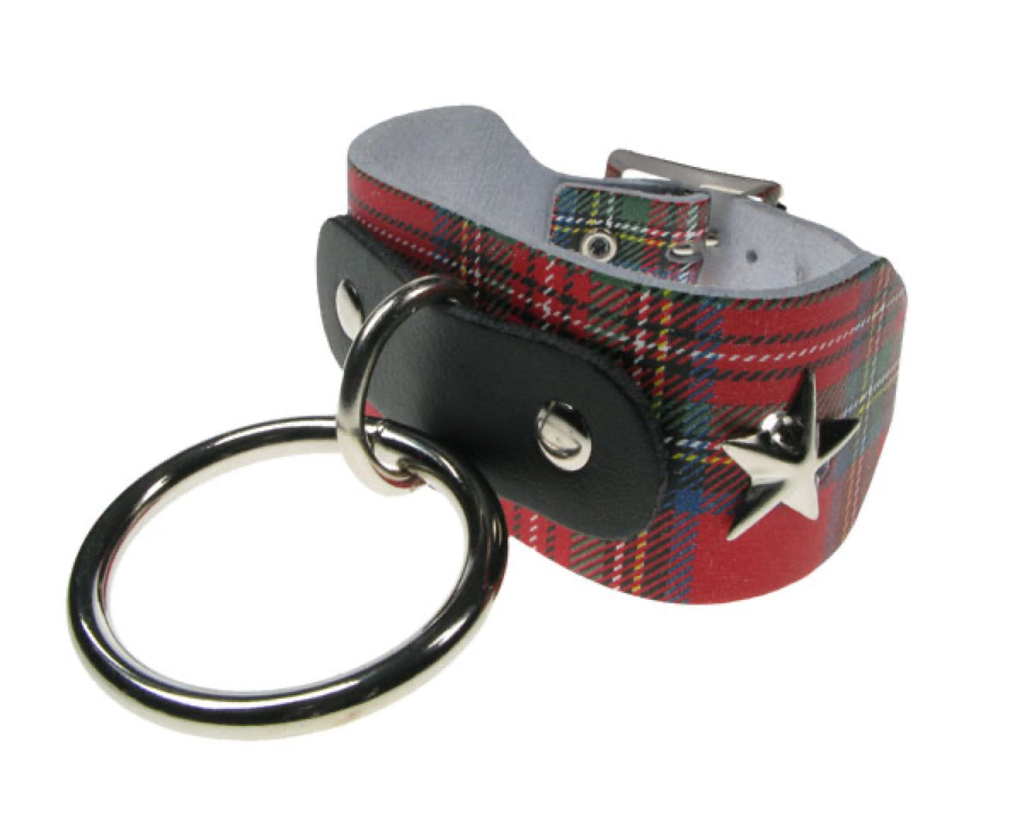 WB518 2 ROW WIDTH TARTAN, 1 LARGE RING W/ STAR FITTINGS Leather Wristband - TARTAN