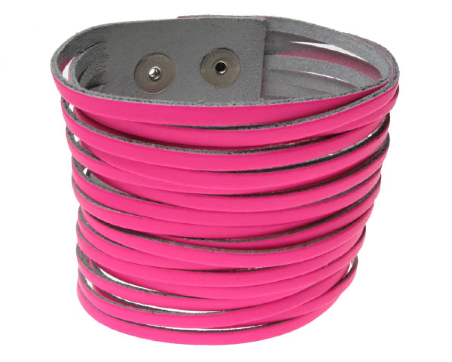 WB533 4 Row width F. PINK W/ 19 CUTS IN MIDDLE Leather Wristband (Buttoned) - F.PINK