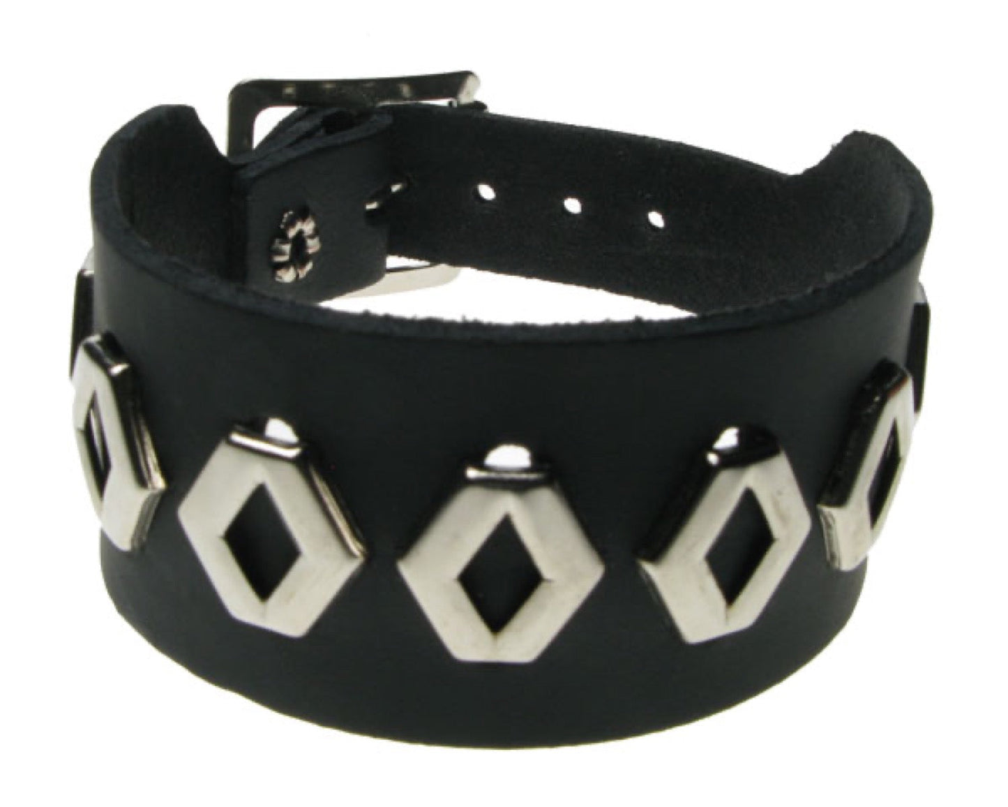 WB545 2 ROW WIDTH, 1 ROW HEXAGONAL FITTING W/ SPACE IN MIDDLE Leather Wristband - BLACK
