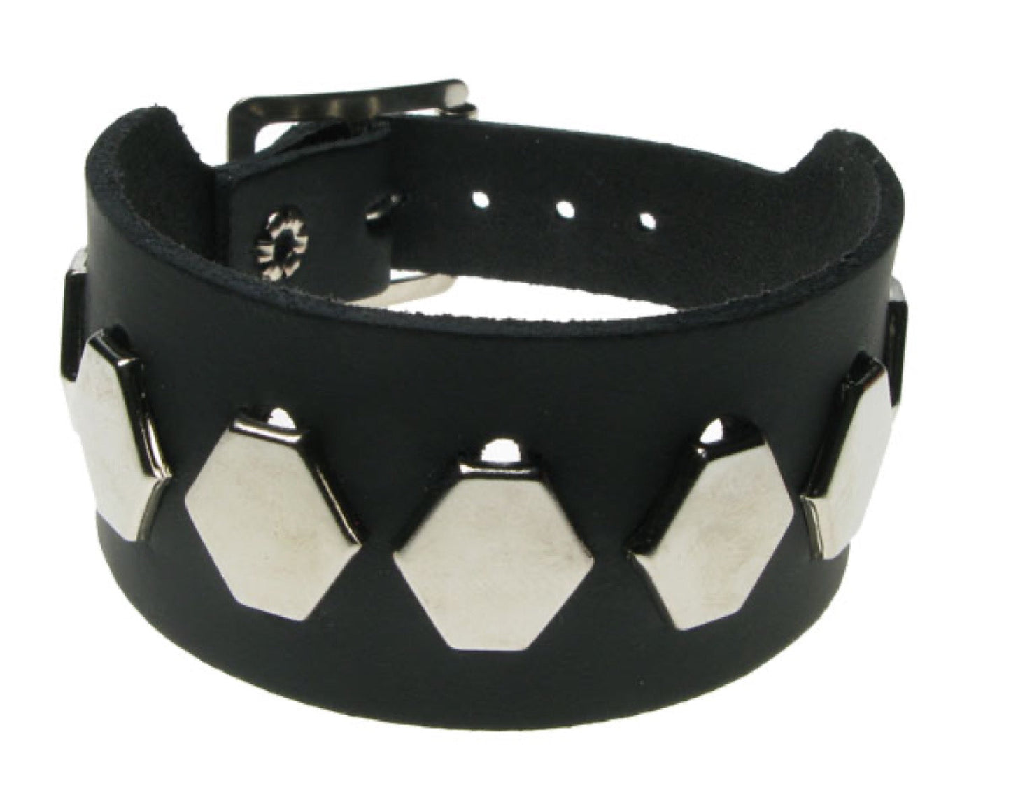 WB547 2 ROW WIDTH, 1 ROW HEXAGONAL FITTING Leather Wristband BLACK