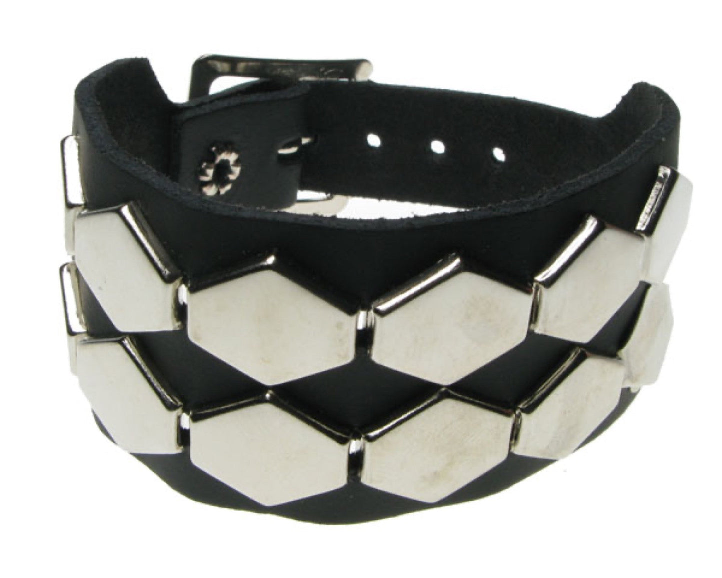 WB548 2 ROW HEXAGONAL FITTING Leather Wristband - BLACK