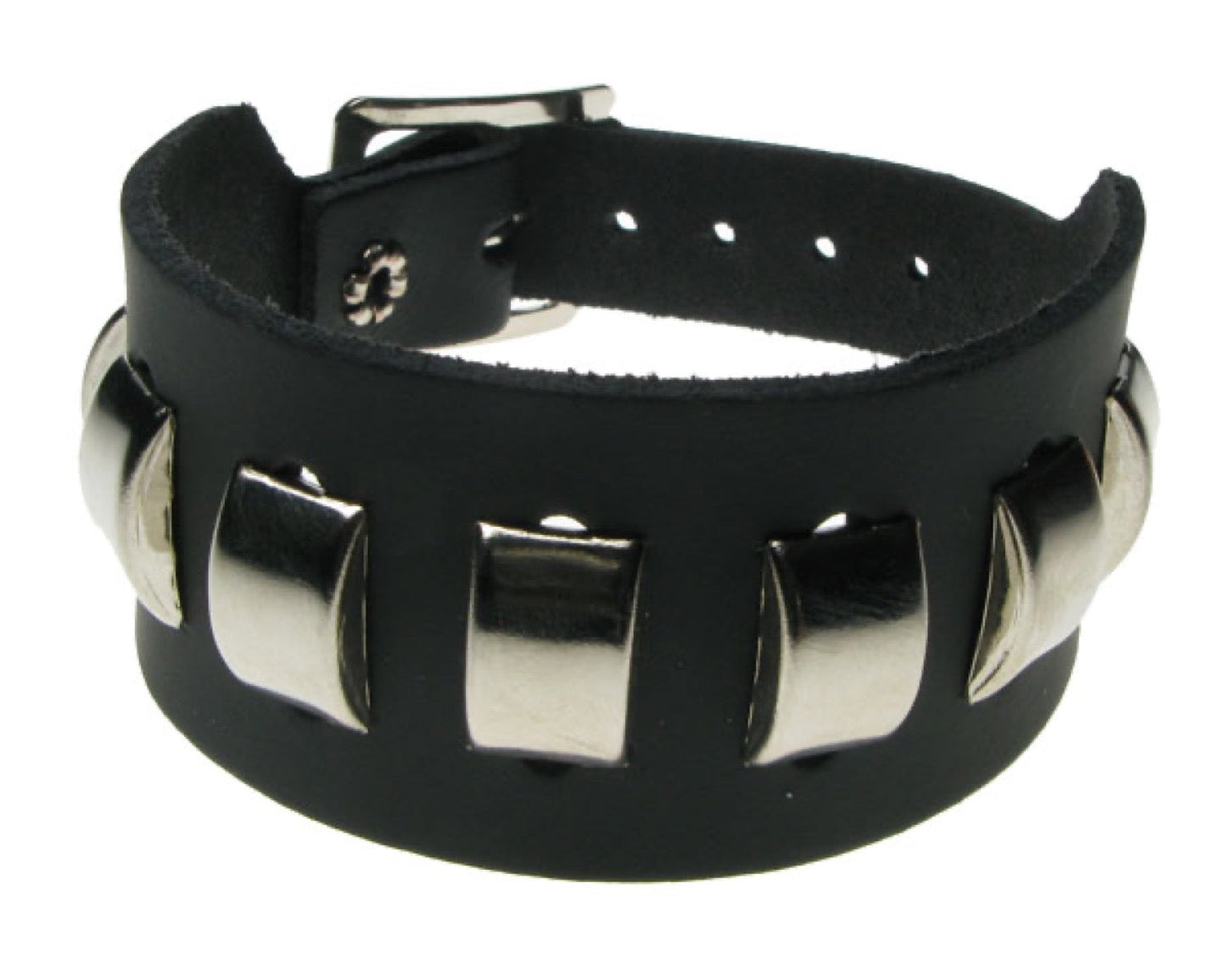WB551 2 ROW WIDTH, 1 ROW CURVED RING Leather Wristband - BLACK