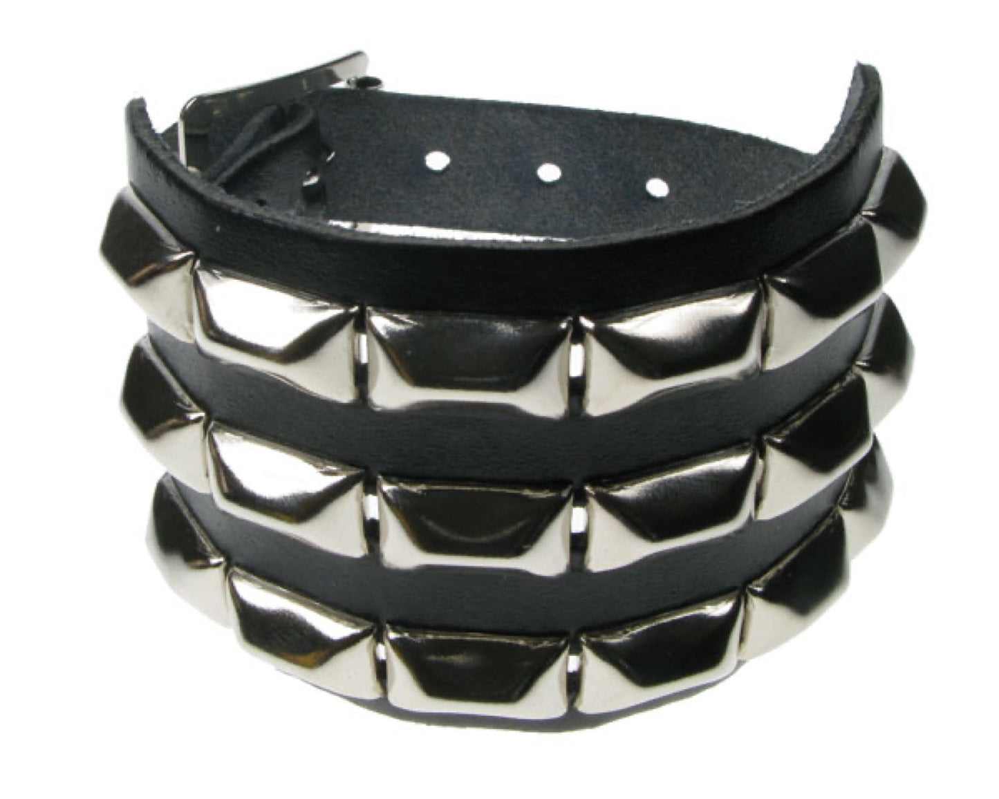 WB555 3 ROW SQUASHED PYRAMID Leather Wristband - BLACK