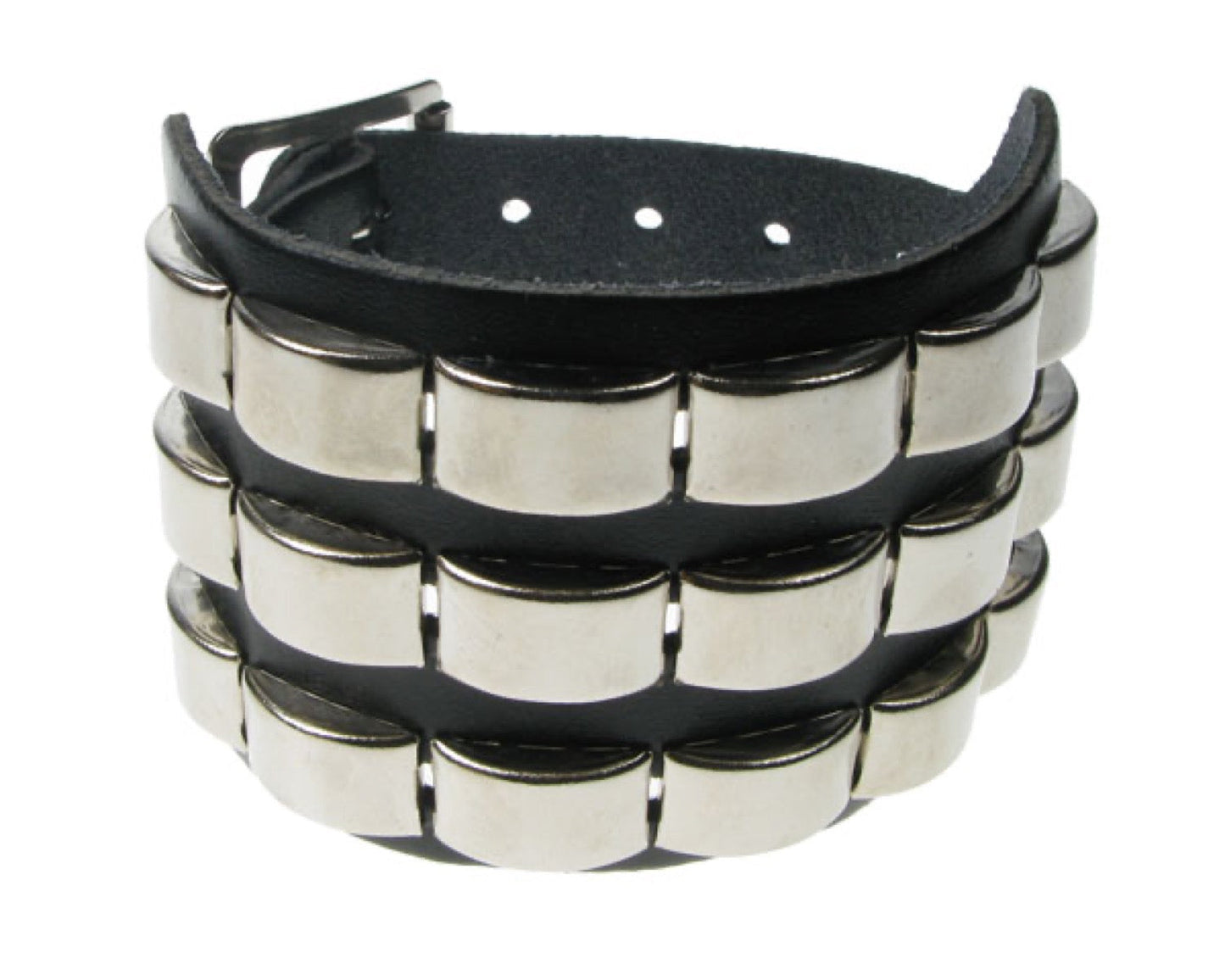 WB556 3 ROW CURVED RING Leather Wristband - BLACK