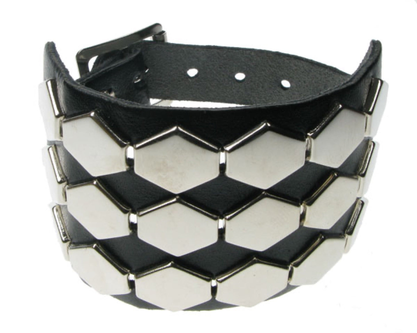 WB557 3 ROW HEXAGONAL FITTING Leather Wristband - BLACK