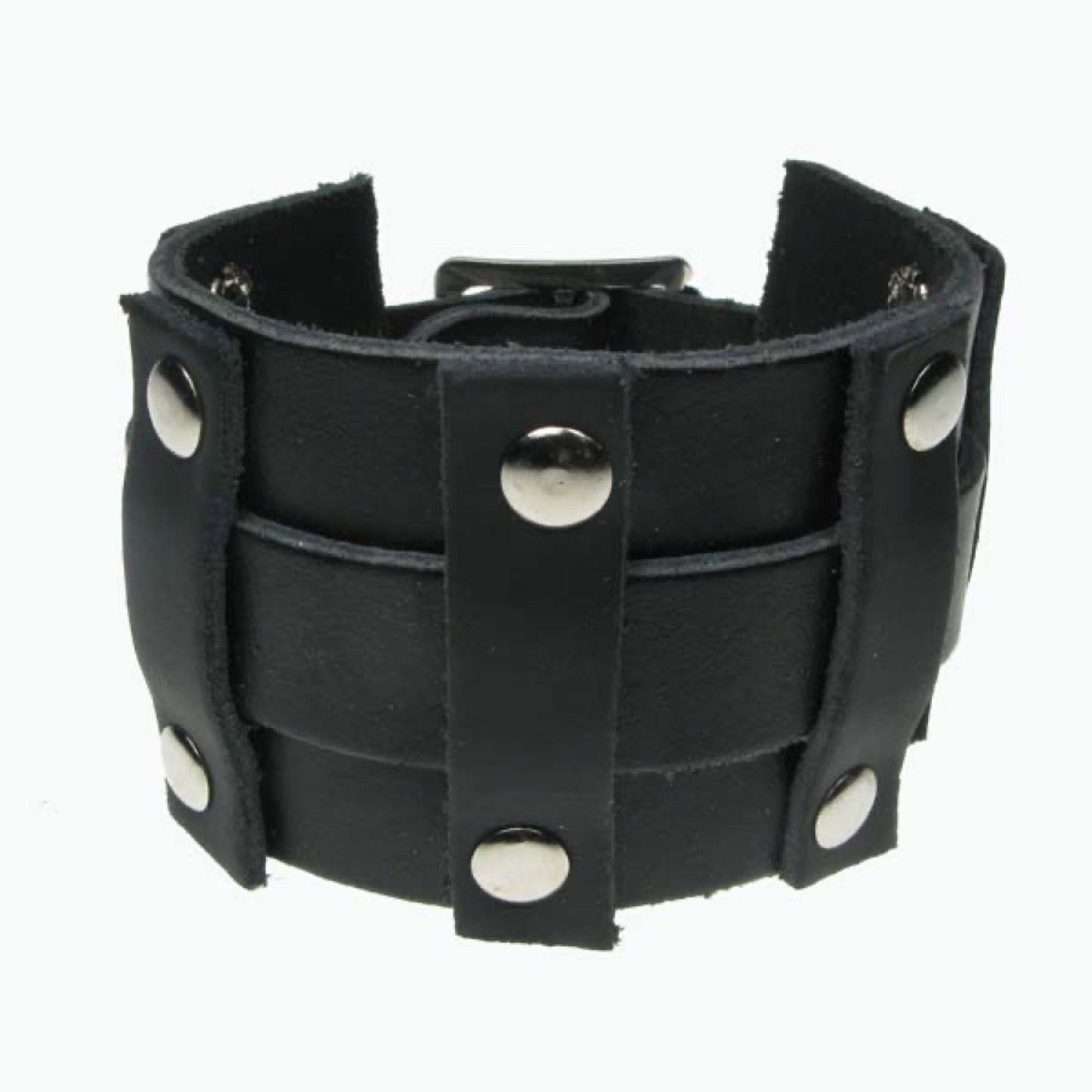 WB560 3 Row Width Leather horizontal bars and rivets - Black Leather Wristband