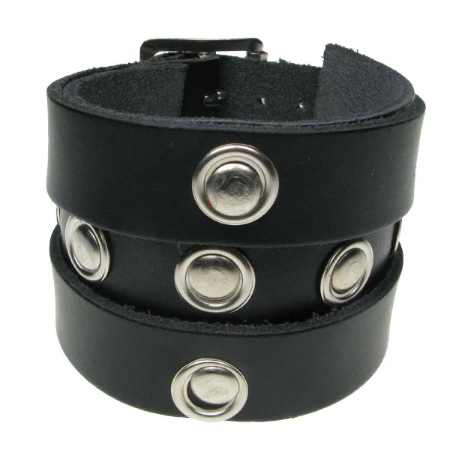 WB564 3 Row Width Circular fitting in cross design - BLACK Leather Wristband
