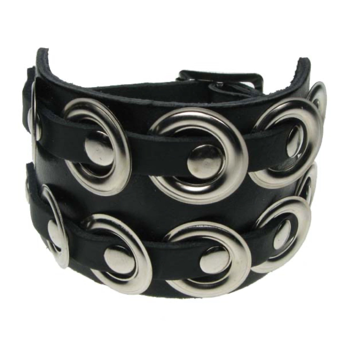 WB568 3 Row Width 2 riveted strips & half eyelet - Black Leather Wristband
