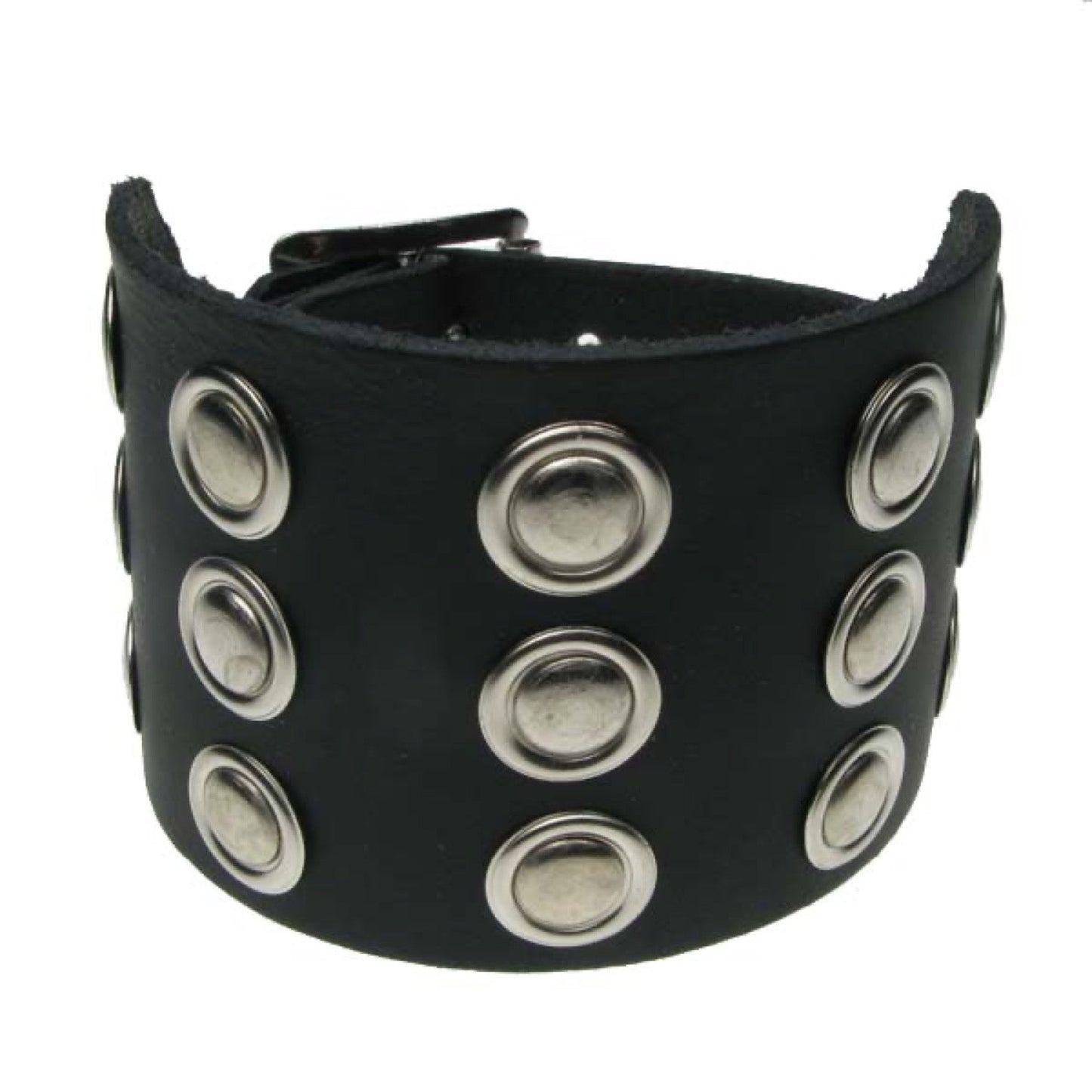 WB570 3 Row circular riveted fitting - Black Leather Wristband