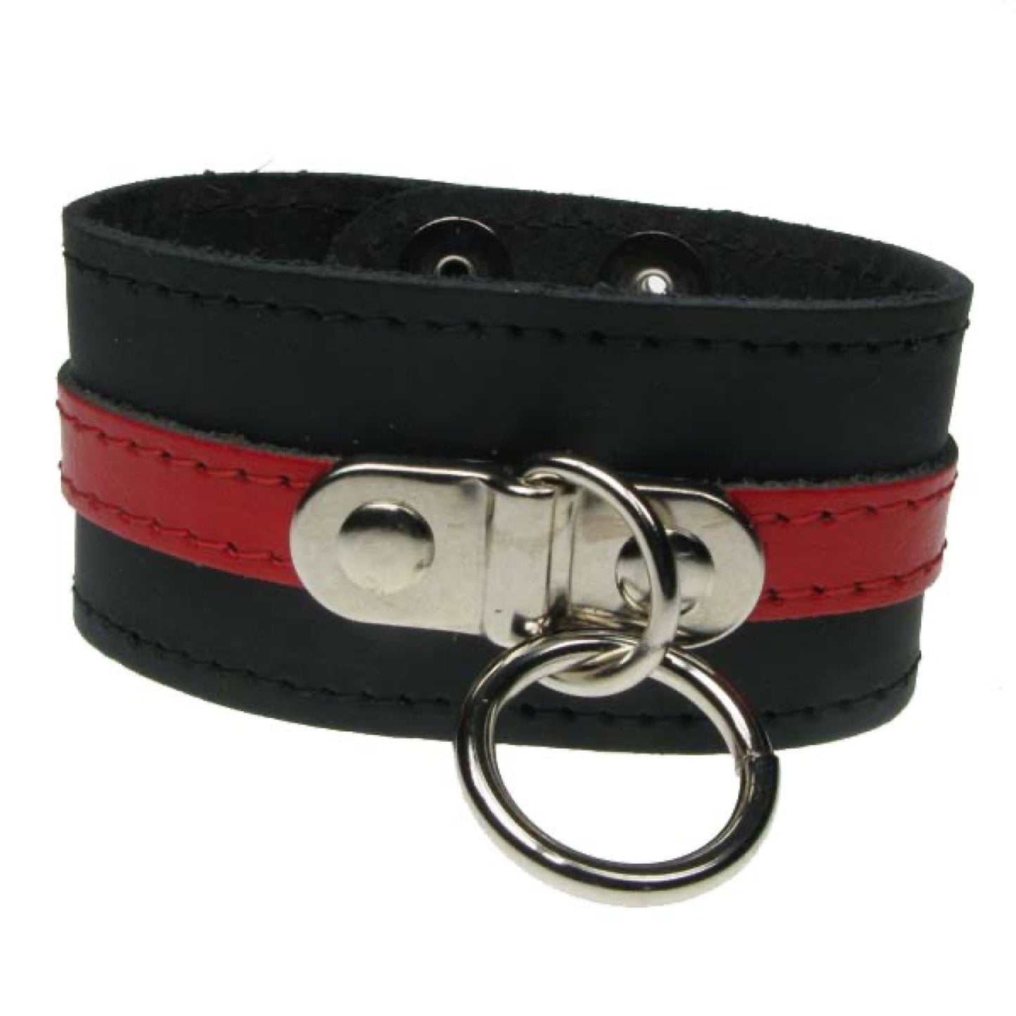 WB577 3 Row with Red leather strip and ring stitched Leather Wristband
