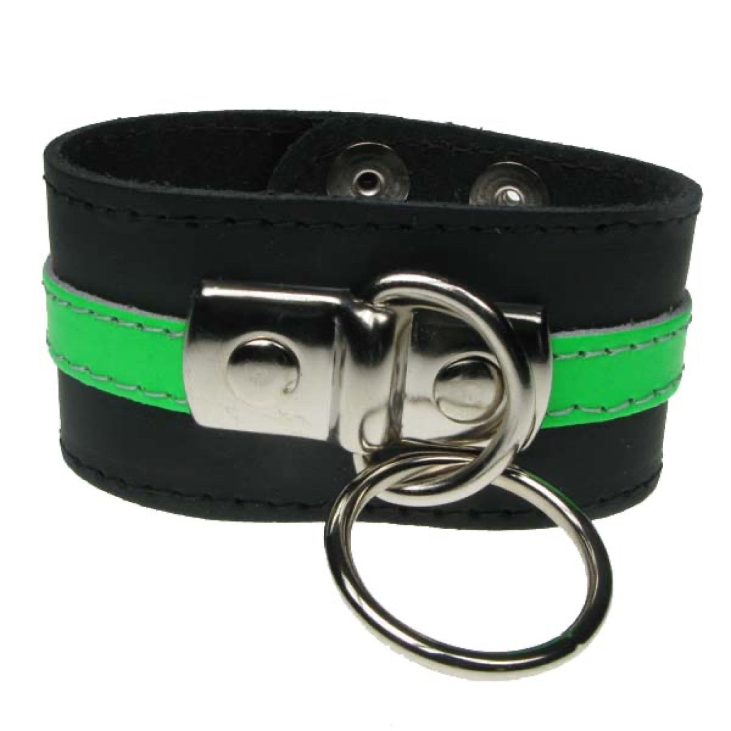 WB579 3 Row with Fluorescent Green leather strip and ring, stitched (Buttoned) - Black Leather Wristband