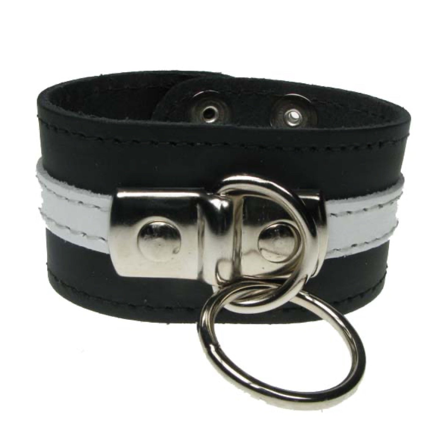 WB580 3 Row with White leather strip and ring, stitched (Buttoned) - Black Leather Wristband